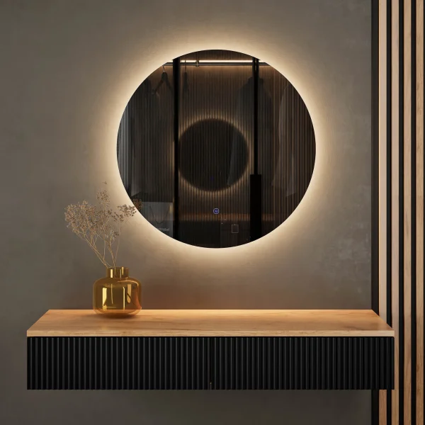 Table console AMYRA 100 cm en chêne doré / noir avec miroir LED NOVA 60 cm