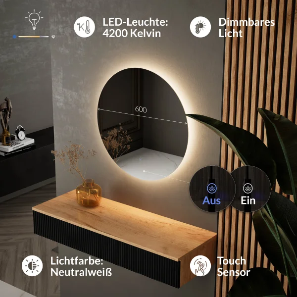Table console AMYRA 100 cm en chêne doré / noir avec miroir LED NOVA 60 cm