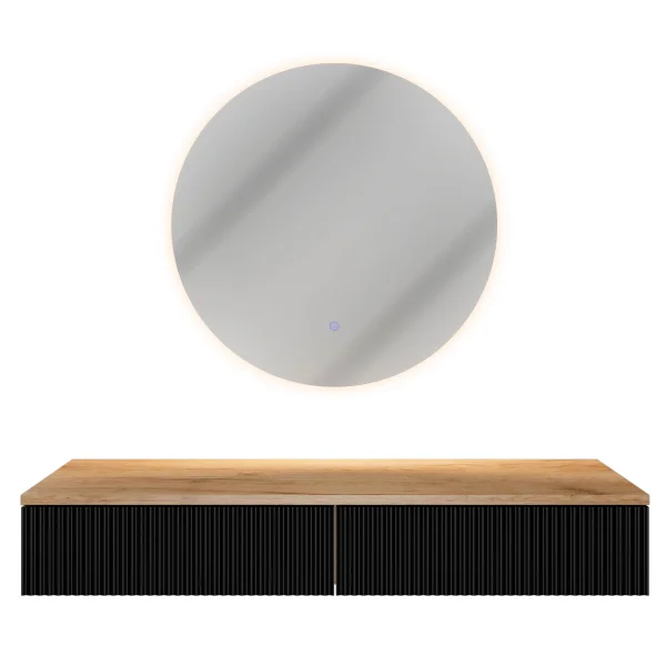 Table console AMYRA 100 cm en chêne doré / noir avec miroir LED NOVA 60 cm