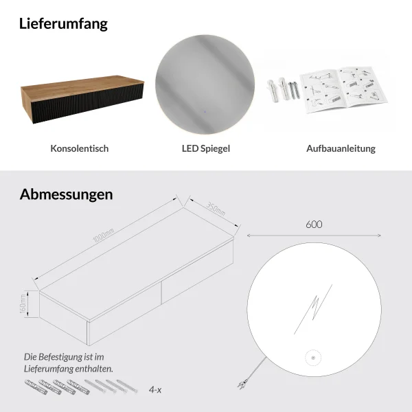 Table console AMYRA 100 cm en chêne doré / noir avec miroir LED NOVA 60 cm