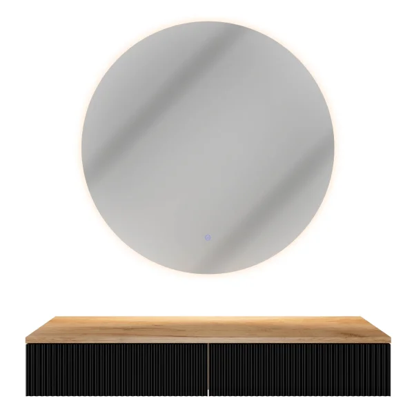 Table console AMYRA 100 cm en chêne doré / noir avec miroir LED NOVA 80 cm