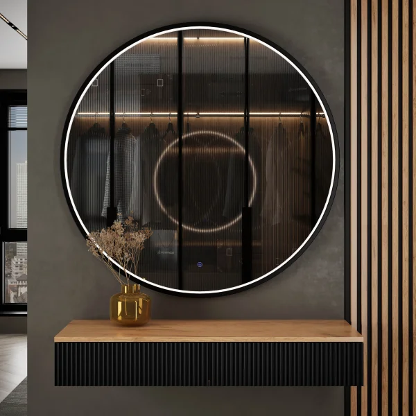 AMYRA Console Table 100 cm in Gold Oak / Black with VELUNA 100 cm LED Mirror