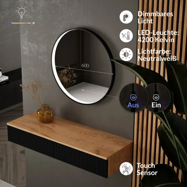 Tavolino AMYRA da 100 cm in rovere dorato / nero con specchio a LED VELUNA da 60 cm