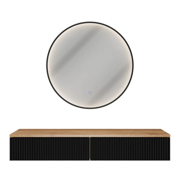 Tavolino AMYRA da 100 cm in rovere dorato / nero con specchio a LED VELUNA da 60 cm