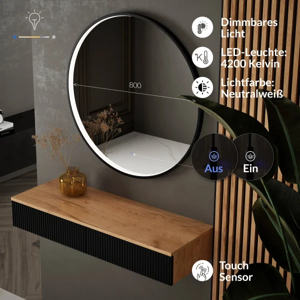 Table console AMYRA 100 cm en chêne doré / noir avec miroir LED VELUNA 80 cm