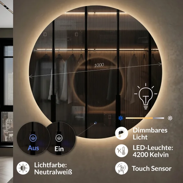 Wandspiegel NOVA rund 100 cm mit LED Beleuchtung