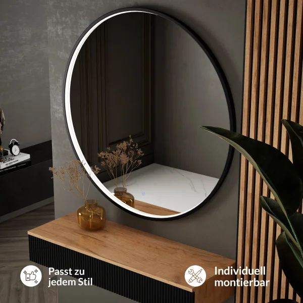 Wandspiegel VELUNA rund 100 cm, Rahmen mit LED-Beleuchtung