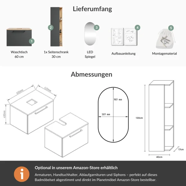 ASTRA Waschtischunterschrank  60 cm mit Seitenschrank und LED Spiegel