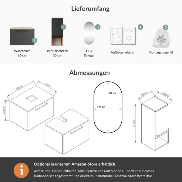 ASTRA Waschtischunterschrank 60 cm mit Midischrank und LED Spiegel