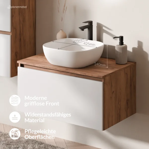 Set di mobili da bagno ARISA - Con specchio a LED NOVA e lavabo da appoggio in ceramica da 42 cm