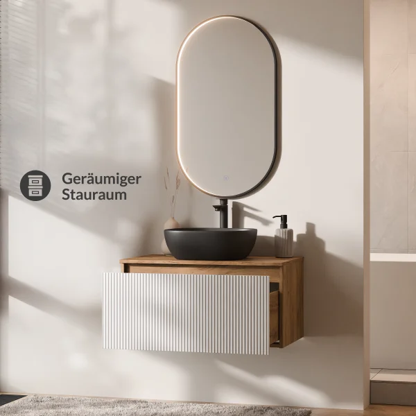 Ensemble de meubles de salle de bains ARISA – Avec miroir LED GLORA et lavabo à poser en céramique de 42 cm