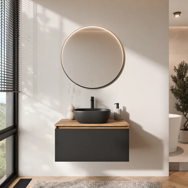 ARISA Badmöbel Set - Mit LED Spiegel VELUNA und Keramik-Aufsatzwaschbecken 42 cm