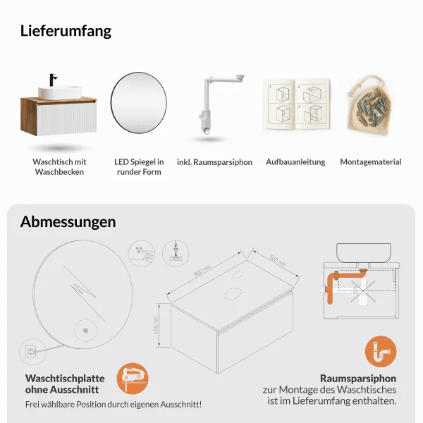 Set di mobili da bagno ARISA - Con specchio a LED VELUNA e lavabo da appoggio in ceramica da 55 cm