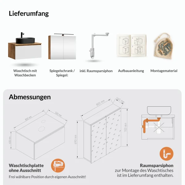 ARISA Badmöbel Set - Mit Spiegelschrank "ARIA" und Keramik-Aufsatzwaschbecken 55 cm