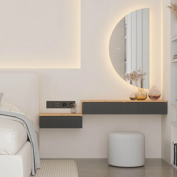 AMYRA: comodino sospeso da 50 cm con toletta da 100 cm in rovere dorato / nero