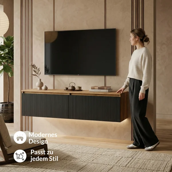 ARISA Living TV Stand 160 cm in Gold Oak / Black Ribbed