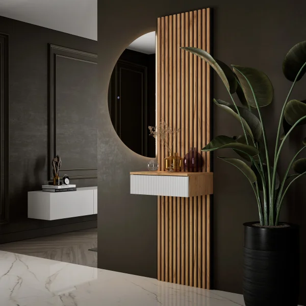 AMYRA Entryway Set, 50 cm, in Gold Oak / White, NIVORA Mirror & Acoustic Panel