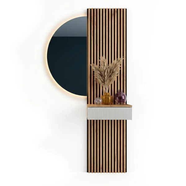 AMYRA Entryway Set, 50 cm, in Gold Oak / White, NIVORA Mirror & Acoustic Panel