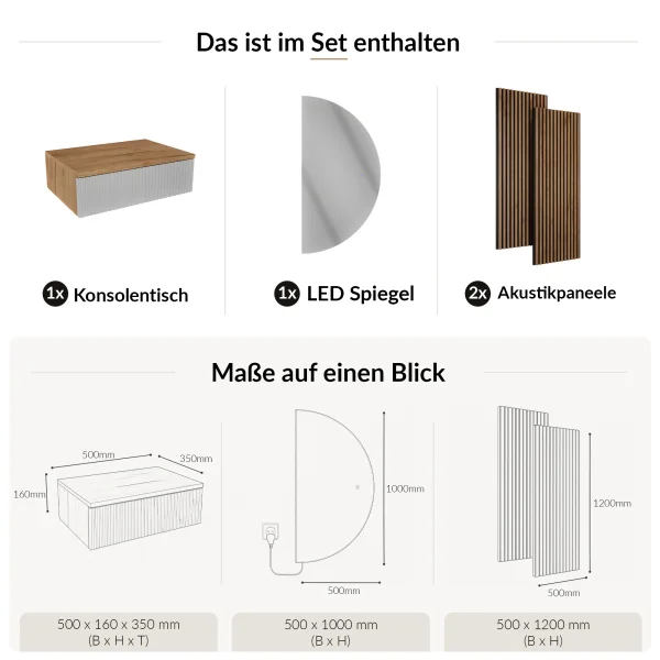 AMYRA Entryway Set, 50 cm, in Gold Oak / White, NIVORA Mirror & Acoustic Panel