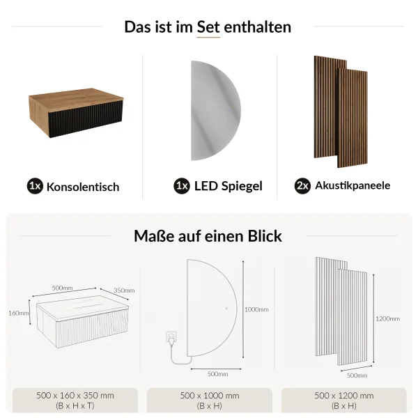AMYRA Garderoben Set 50 cm in Gold Eiche / Schwarz, NIVORA Spiegel & Akustikpaneel