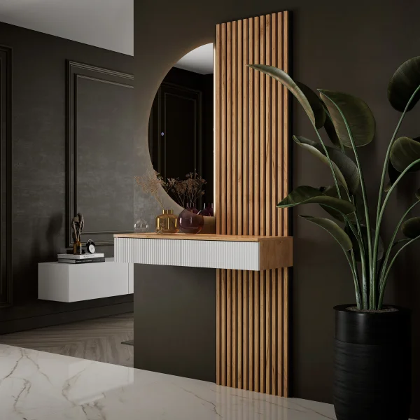 AMYRA Entryway Set, 100 cm, in Gold Oak / White, NIVORA Mirror & Acoustic Panel