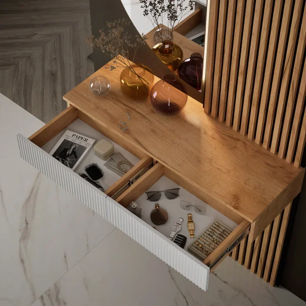 AMYRA Entryway Set, 100 cm, in Gold Oak / White, NIVORA Mirror & Acoustic Panel