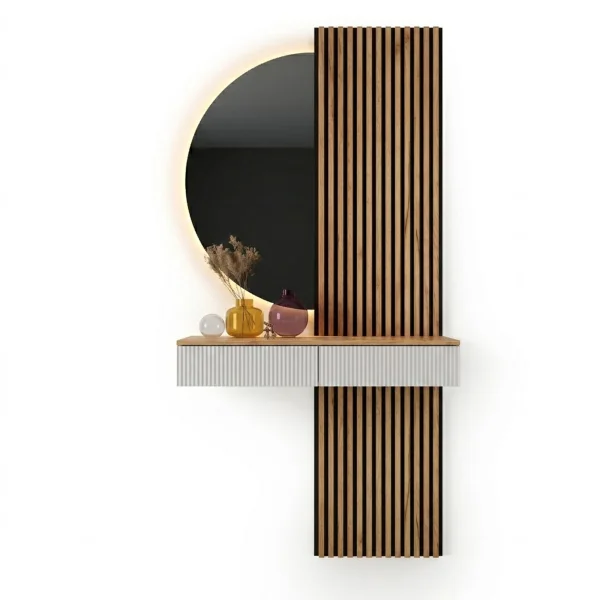 AMYRA Entryway Set, 100 cm, in Gold Oak / White, NIVORA Mirror & Acoustic Panel