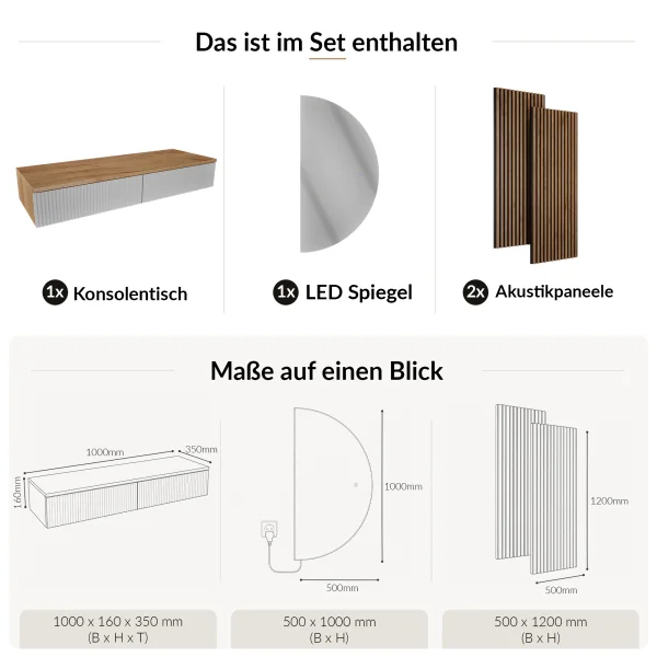 AMYRA Entryway Set, 100 cm, in Gold Oak / White, NIVORA Mirror & Acoustic Panel