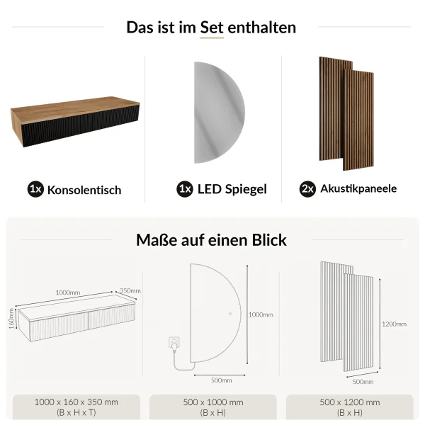 AMYRA Garderoben Set 100 cm in Gold Eiche / Schwarz, NIVORA Spiegel & Akustikpaneel