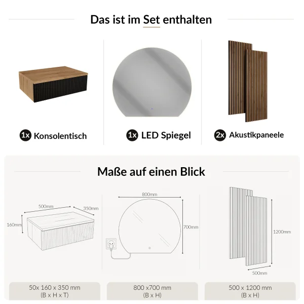 AMYRA Garderoben Set 50 cm in Gold Eiche / Schwarz, AUBE Spiegel & Akustikpaneel
