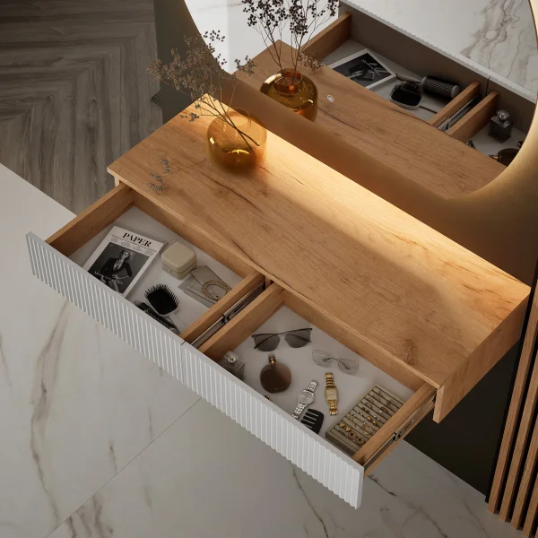 Ensemble de vestiaire AMYRA 100 cm en chêne doré / blanc, miroir AUBE et panneau acoustique