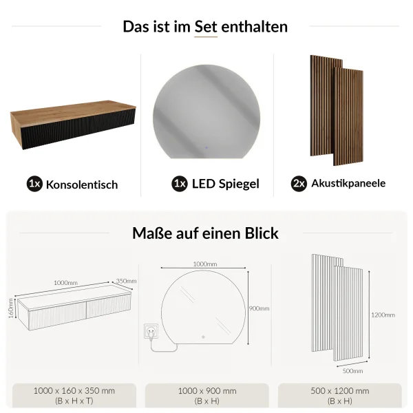 AMYRA Entryway Set 100 cm in Gold Oak / Black, AUBE Mirror & Acoustic Panel