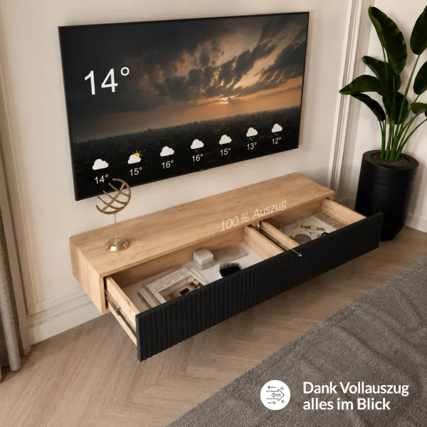 AMYRA TV Konsolentisch 100 cm in Gold Eiche / Schwarz - hängend
