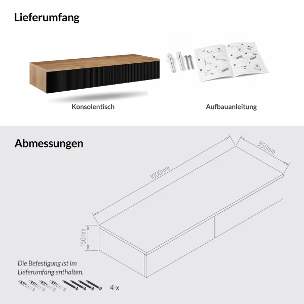 AMYRA TV Konsolentisch 100 cm in Gold Eiche / Schwarz - hängend