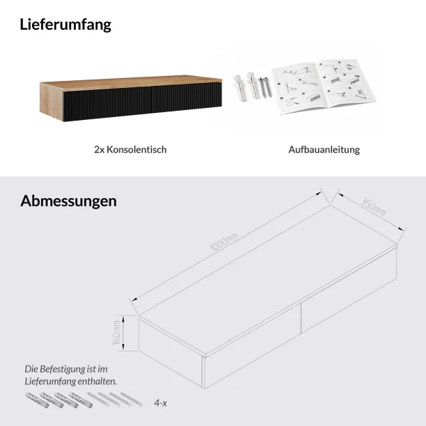 AMYRA TV Konsolentisch 2x 100 cm in Gold Eiche / Schwarz - hängend