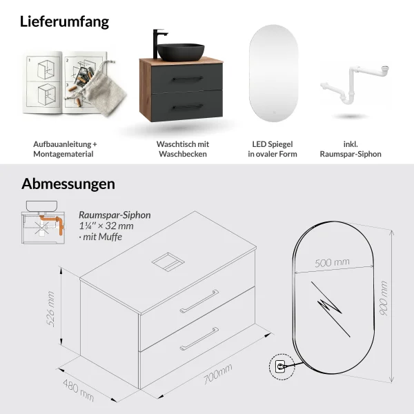 Conjunto de muebles de baño LUX de 70 cm o 90 cm con lavabo y espejo con iluminación LED