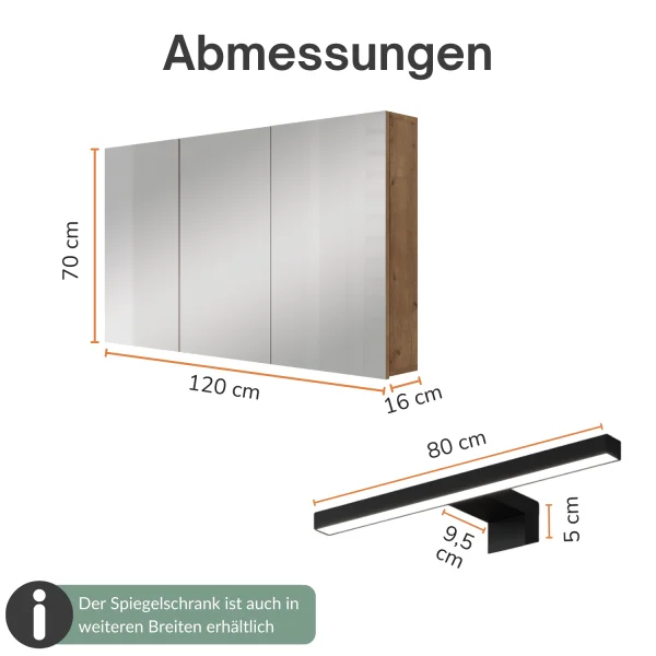ARIA 120 cm Mirror Cabinet, with or without lighting, available in various colors