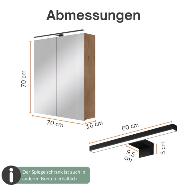 Armadietto a specchio ARIA da 70 cm, con o senza luce, disponibile in diversi colori