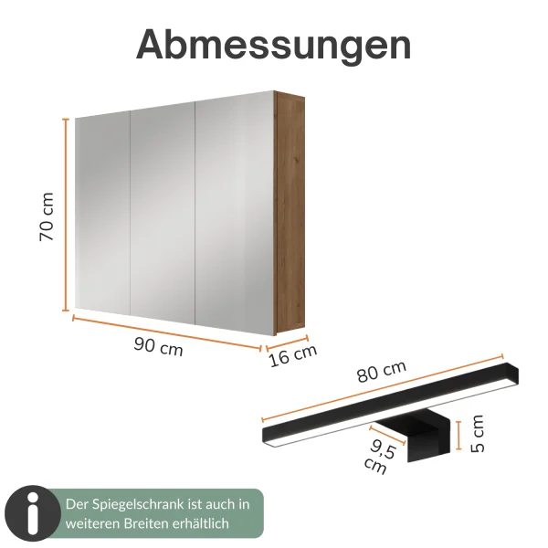 Armadietto a specchio ARIA da 90 cm, con o senza luce, disponibile in diversi colori