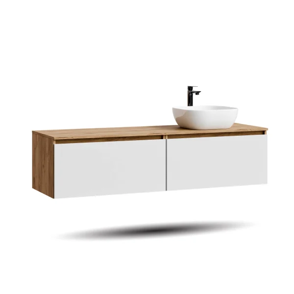 Lavabo doppio ARISA da 160 cm, bianco, con due lavabi da appoggio in ceramica bianca da 42 cm ciascuno