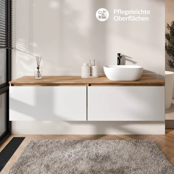 Lavabo doppio ARISA da 160 cm, bianco, con due lavabi da appoggio in ceramica bianca da 42 cm ciascuno