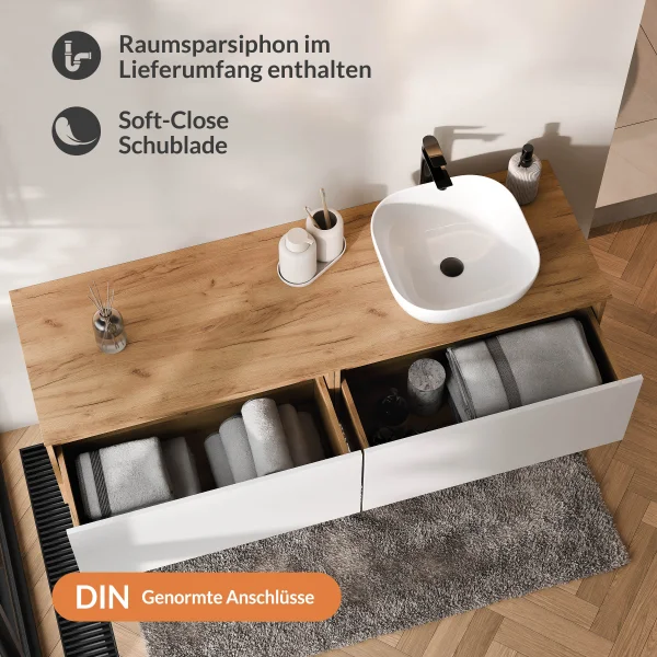 Lavabo doppio ARISA da 160 cm, bianco, con due lavabi da appoggio in ceramica bianca da 42 cm ciascuno