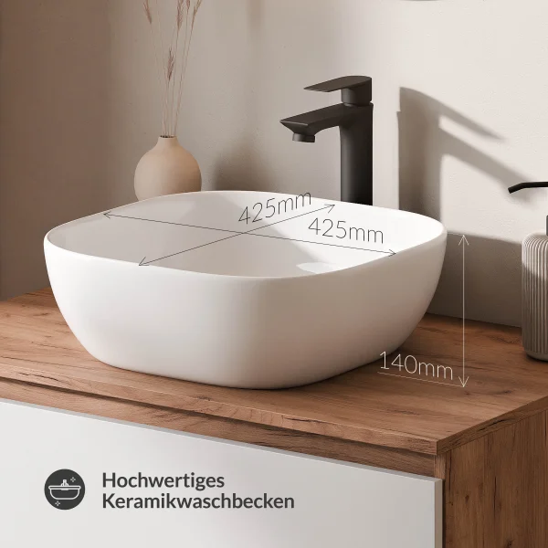 Lavabo doppio ARISA da 160 cm, bianco, con due lavabi da appoggio in ceramica bianca da 42 cm ciascuno