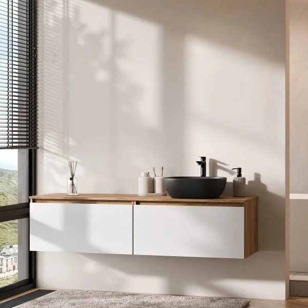 Lavabo doppio ARISA da 160 cm, bianco, con due lavabi da 42 cm ciascuno in ceramica nera