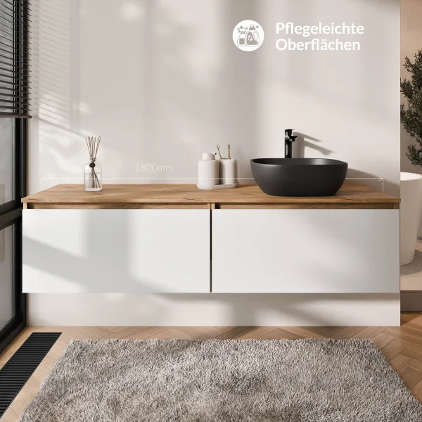 Lavabo doppio ARISA da 160 cm, bianco, con due lavabi da 42 cm ciascuno in ceramica nera
