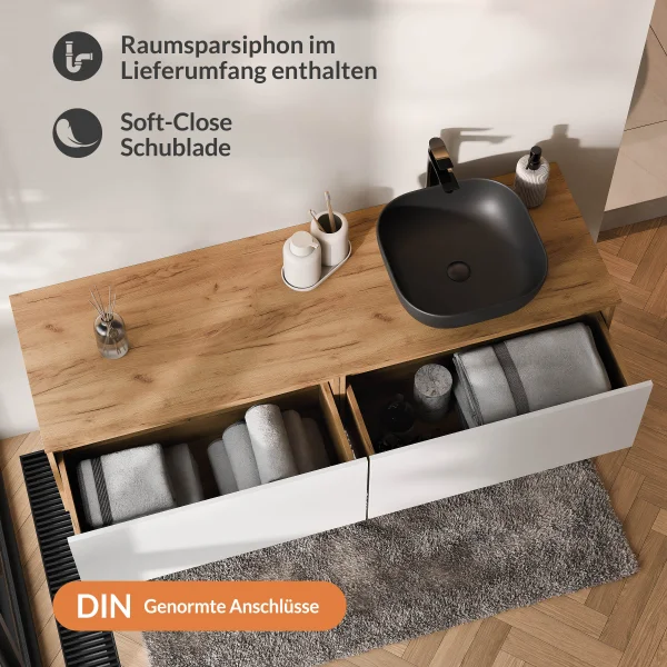Lavabo doppio ARISA da 160 cm, bianco, con due lavabi da 42 cm ciascuno in ceramica nera