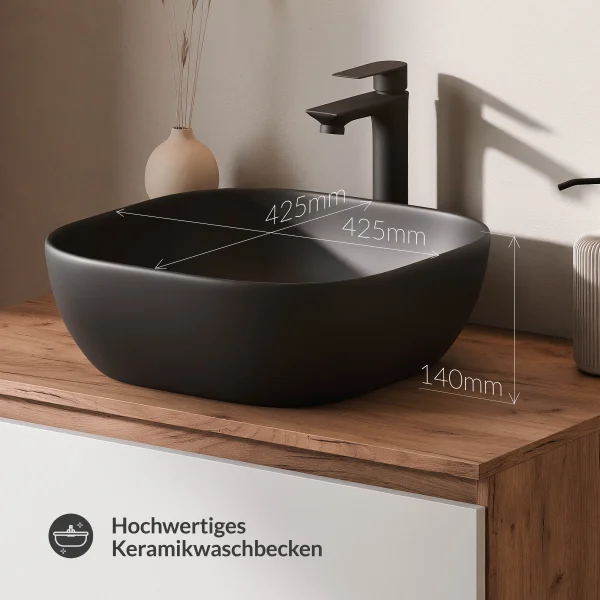 Lavabo doppio ARISA da 160 cm, bianco, con due lavabi da 42 cm ciascuno in ceramica nera