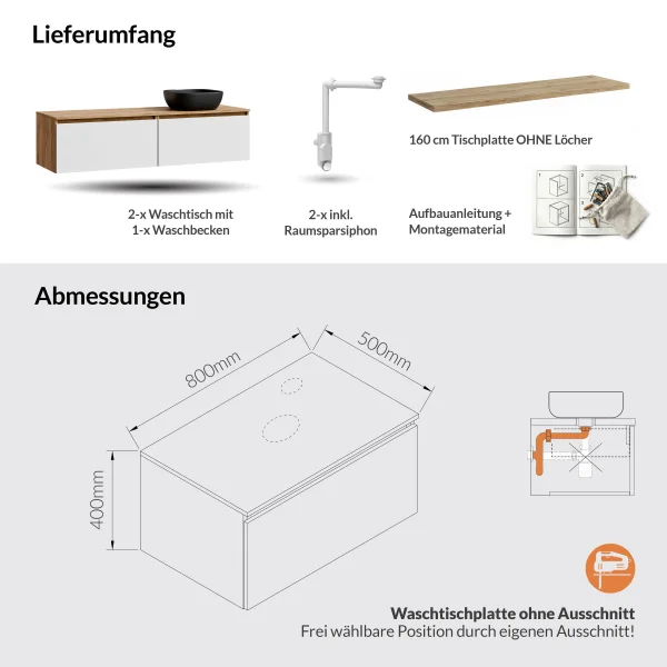 Lavabo doppio ARISA da 160 cm, bianco, con due lavabi da 42 cm ciascuno in ceramica nera