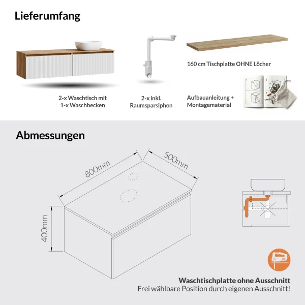 ARISA Doppelwaschtisch 160 cm in Weiß Geriffelt mit einem weißen Keramik-Aufsatzwaschbecken je 42 cm