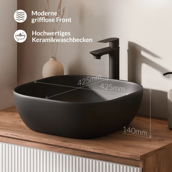 ARISA Double Vanity, 160 cm, in White Ribbed, with two black ceramic countertop sinks, each 42 cm